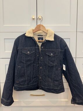 GAP Dark Blue Denim Jacket with Cream Sherpa Collar